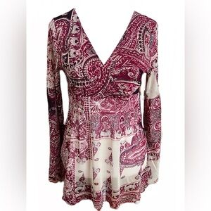 BCBGMAXAZRIA Beige & Dark Red Paisley Chiffon Long Flare Sleeve Blouse Top Small